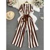 Fashion Celebrity Short Sleeve V-Neck Striped Dress Pants Casual High Waist Skinny Straight Wide Pants Jumpsuit