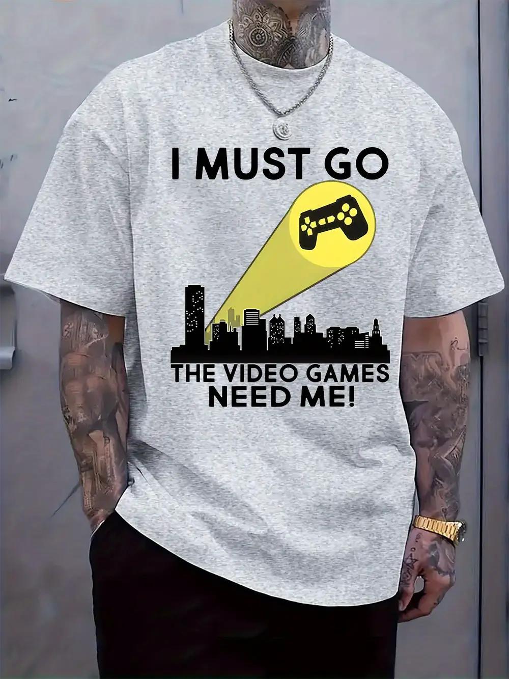 

I MUST GO THE VIDEO GAMES NEED ME! Graphic T-shirt - Black Casual Short Sleeve Tee with Gaming Controller & City Skyline Design S