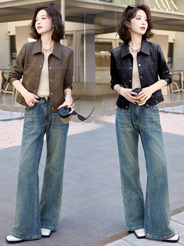 

Women s Slim Fit Genuine Lambskin Leather Jacket - Korean Style, Petite, Spring/Autumn 2025 L