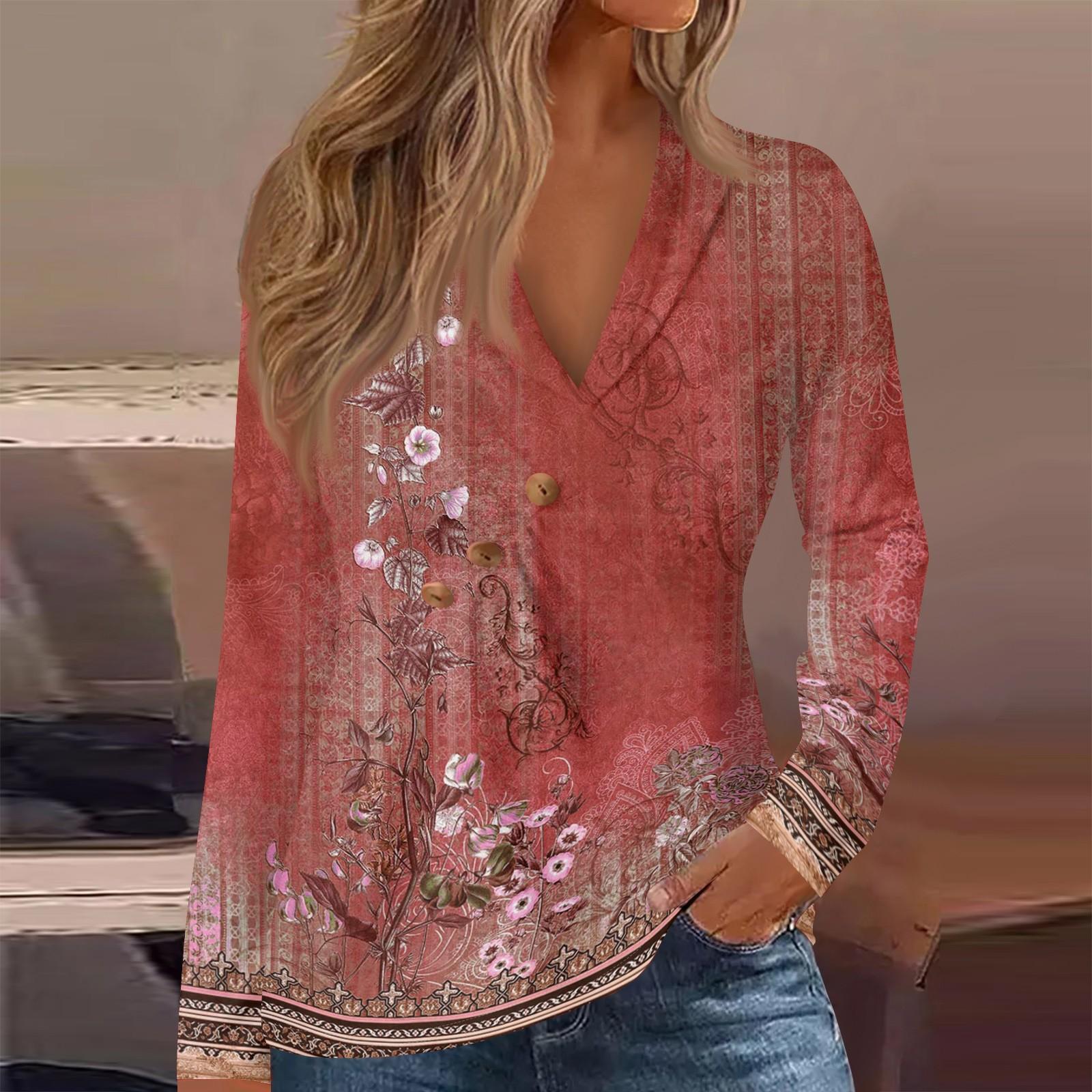 

Женская футболка с принтом, V-образным вырезом, пуговицами, оборками, длинными рукавами XL красный