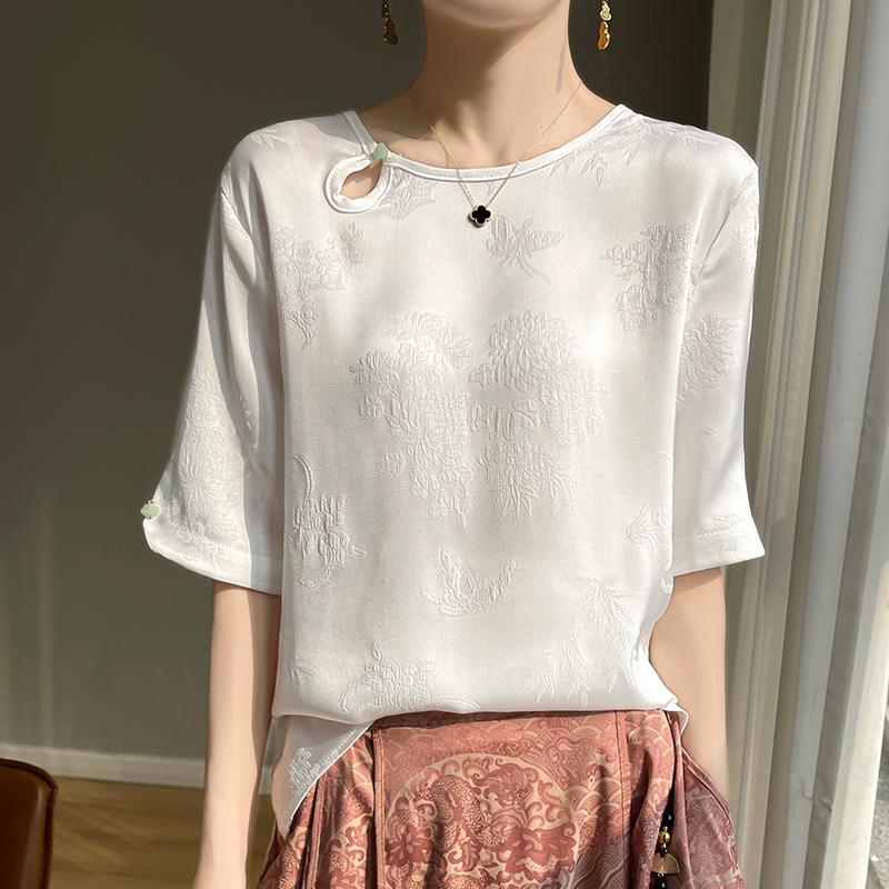 

Женская футболка с короткими рукавами, новая летняя, из смеси шелка тутового шелкопряда, 50% шелка, 50% полиэстера, дышащий тонкий топ, повседневный XXL белый
