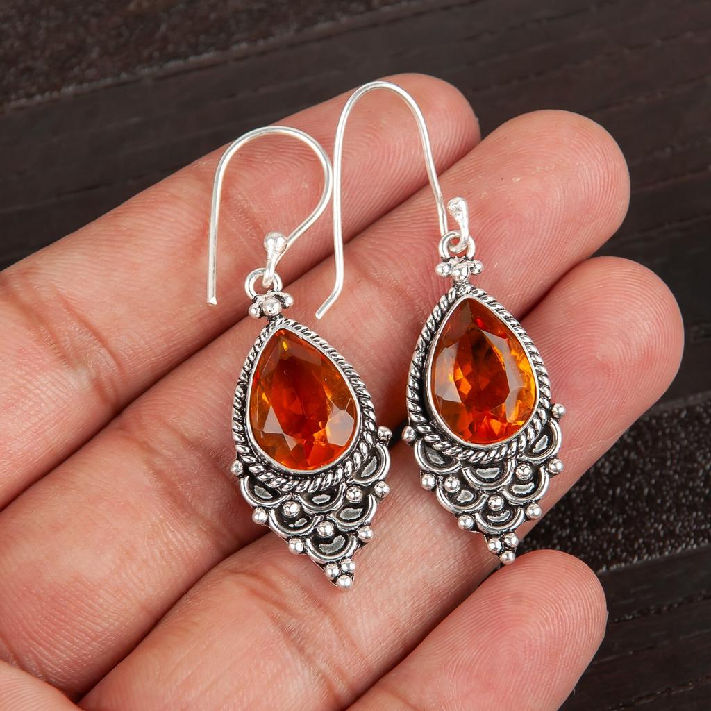 Natural Citrine Gemstone 925 Sterling Silver Jewelry Handmade Hook Earrings 1.9" EE-85-1