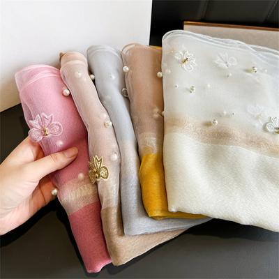 Sciarpa di pizzo lucido di lusso in seta da donna, hijab, morbidi scialli e stole in lana, grandi fiori, sottili sciarpe, foulard, donna, bufanda, nuovo