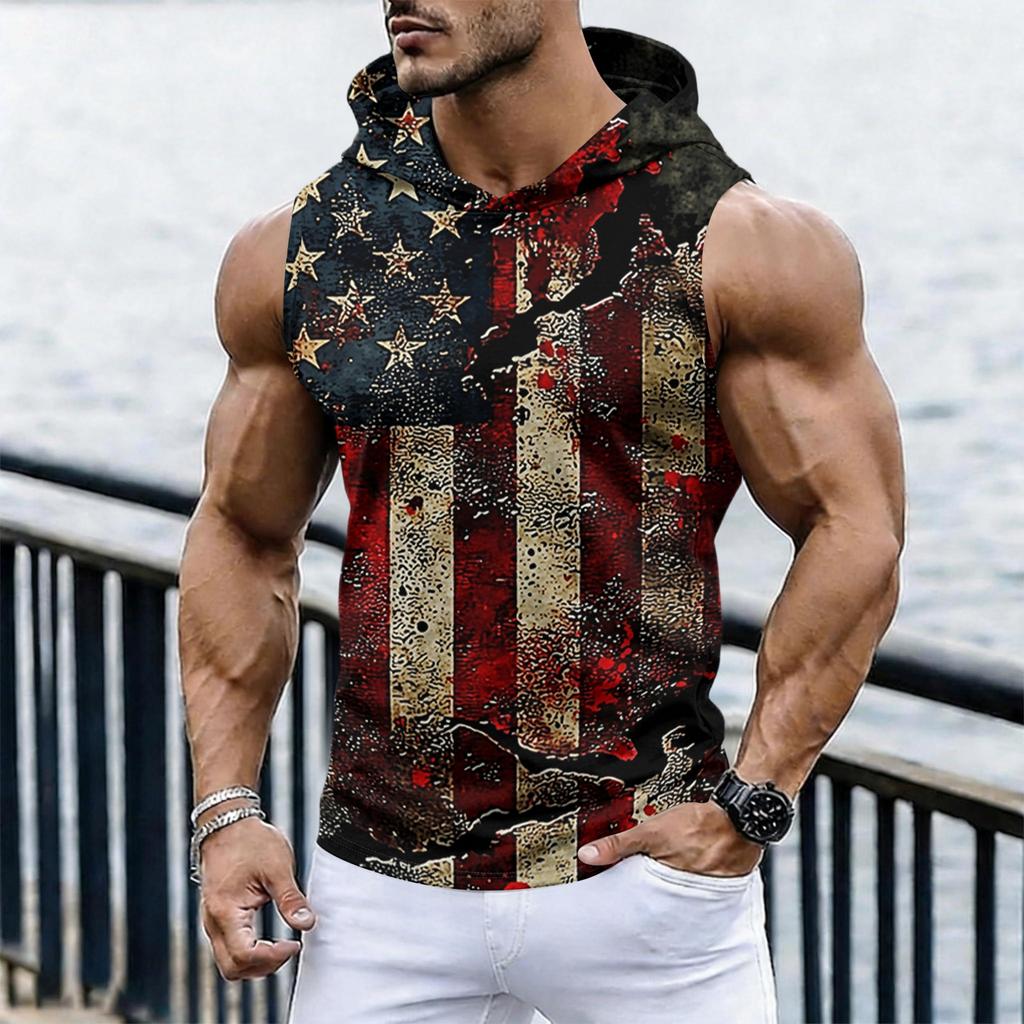Men's Casual Sleeveless Hoodie Tank Top with Independence Day Print Lightweight Summer Muscle Fit Activewear