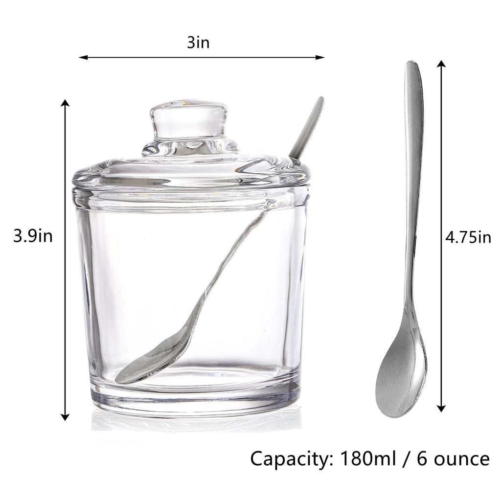 Frcctre Clear Glass Sugar Bowls, Set of 2, 6 Sugar Jars with Spoons and Lids, Salt, Spice, and Pepper Bowls, Condiment Pots, Dispenser Containers for