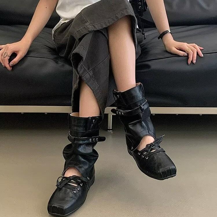 Niche versatile removable two-wear ballet single shoes women's short boots retro square head bow hollow cool boots