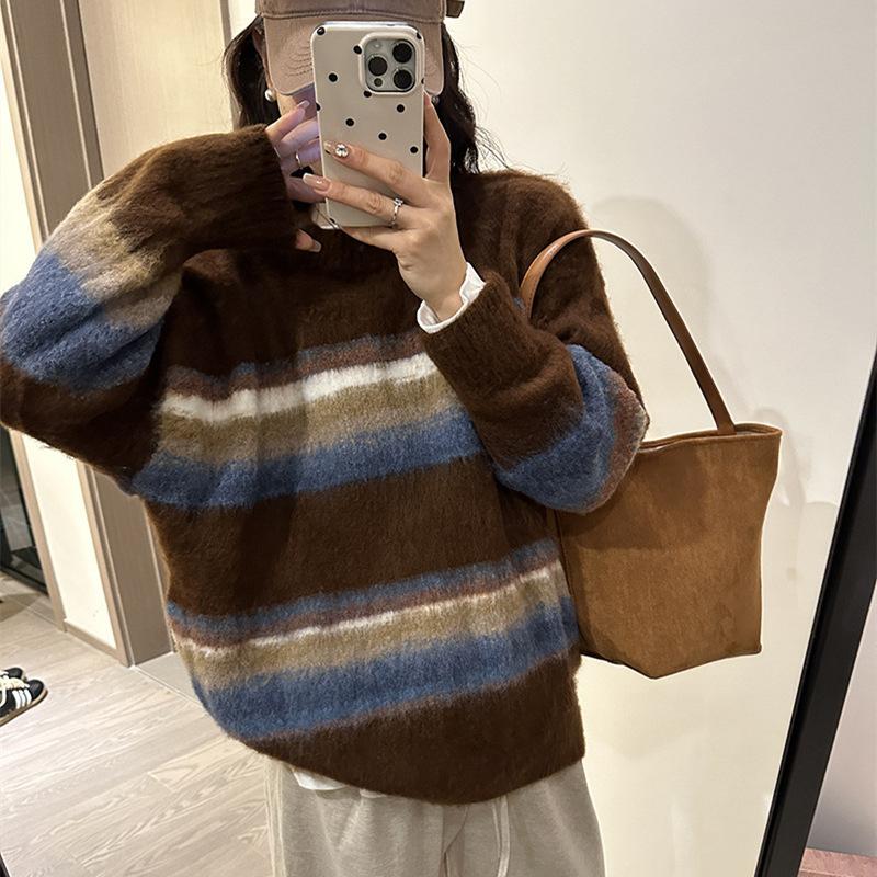 

Круглый вырез мохеровый полосатый свитер с градиентом для женщин осень-зима новый ленивый стиль средней длины свободный вязаный топ ONE SIZE кофейный