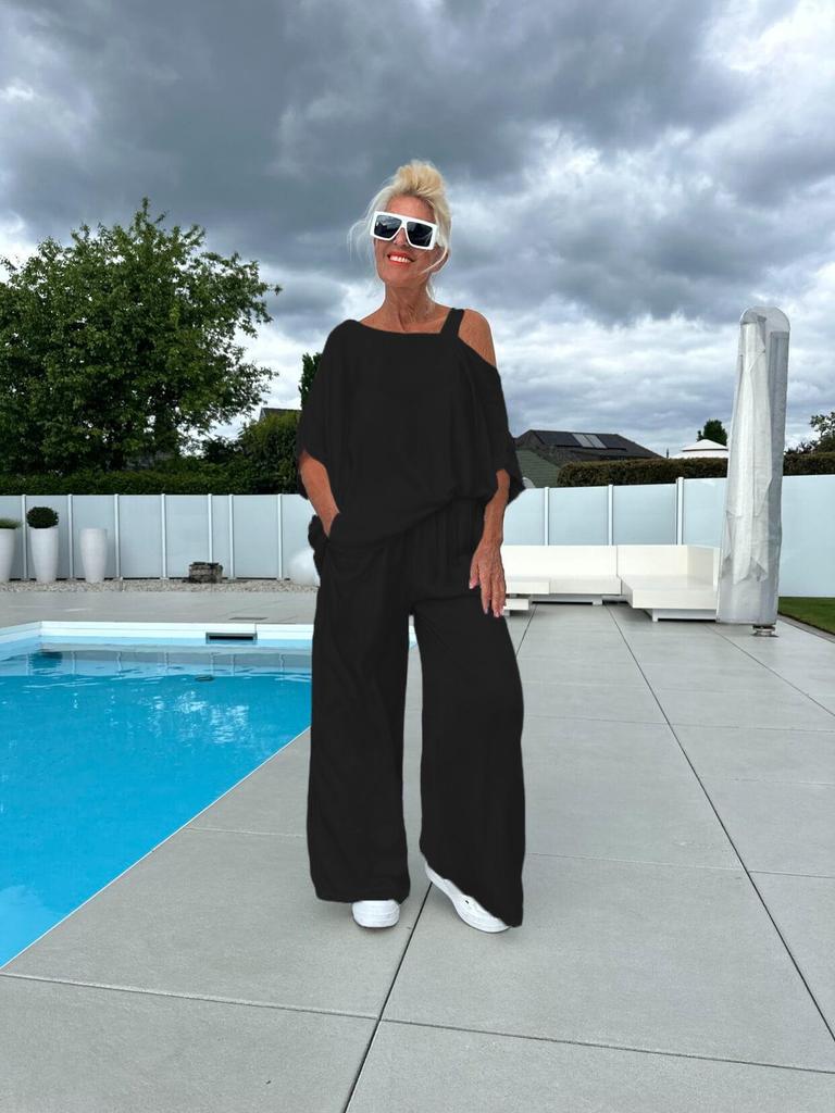 Oregelbunden Krage Dam Tvådelad Set - Casual Topp & Långbyxor