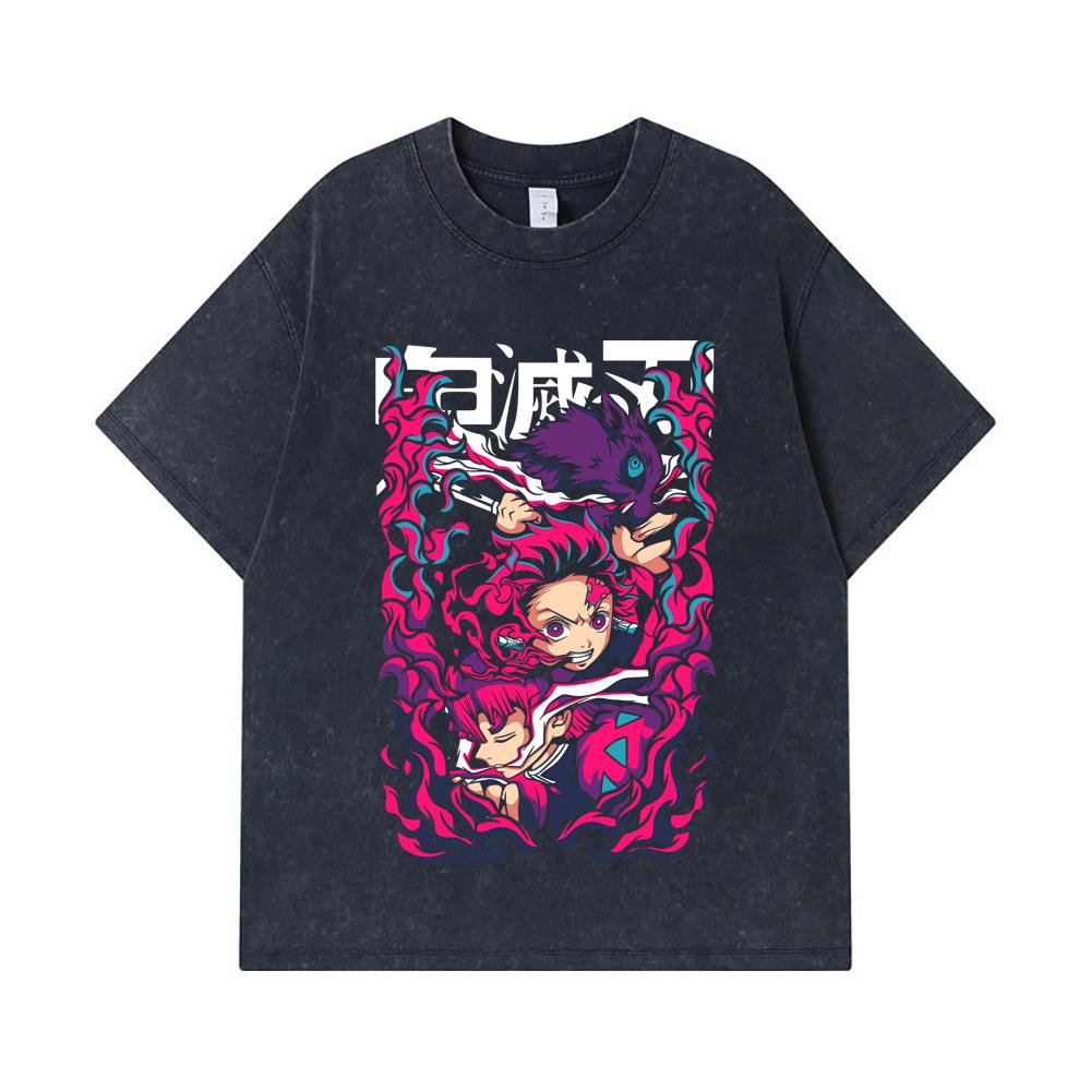 275 GSM Washed T-shirts 100% Cotton Demon Slayer V78 Print Unisex Heavy Cotton T Shirt