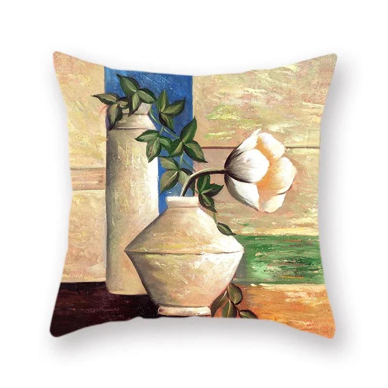 Retro Oil Painting Vase Flower Series Decorative Polyester Throw Pillowcase Living Room Sofa Car Square Cushion Cover Home Decor