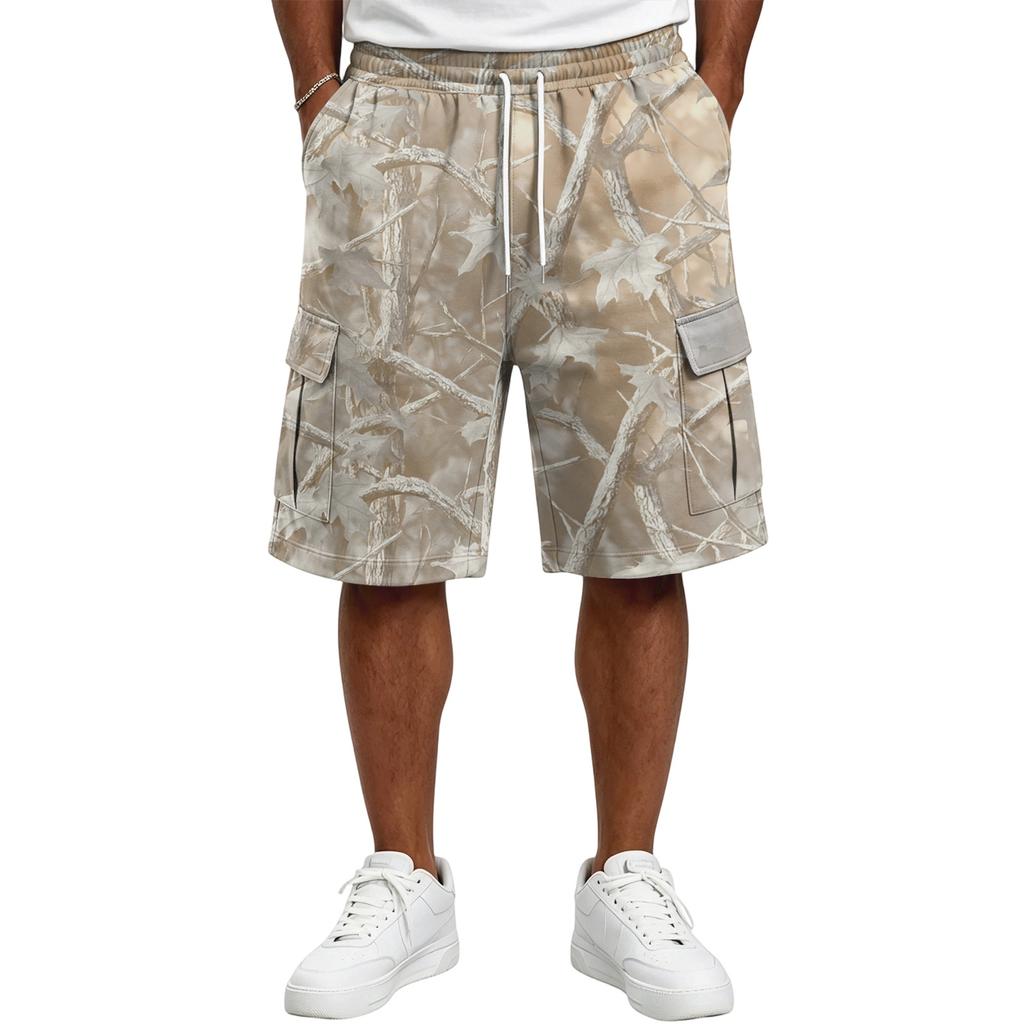 Pantalones Cortos Casuales para Hombre con Estampado de Árboles Camuflados, Cintura con Cordón, Bolsillos, Corte Holgado, Tejido Ligero y Transpirable para Uso Diario