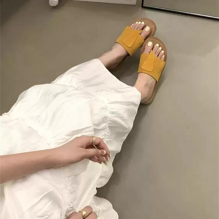 Soft leather version~ retro one-word slippers for women to wear 2025 summer new Mori casual niche flat toe drag