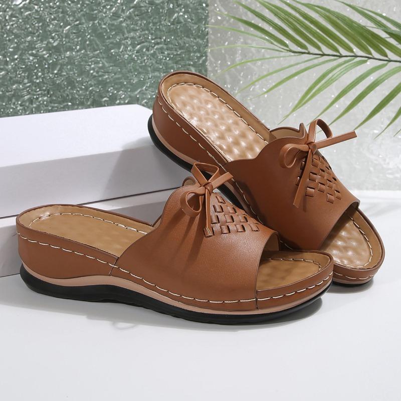 New Summer Women's Platform Slippers Large Size Bow One-word Slope Heel Platform Women's Slippers