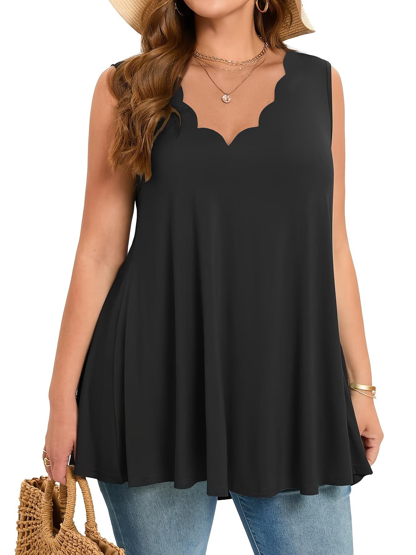 2026 European & American Plus Size Women s Solid V-neck Scalloped Sleeveless Vest 5XL чёрный