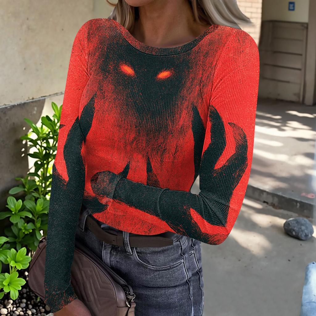 Women's Casual Long Sleeve Ribbed Top Crew Neck Halloween Ghost Print Slim Fit Stretchy Shirt for Everyday Wear