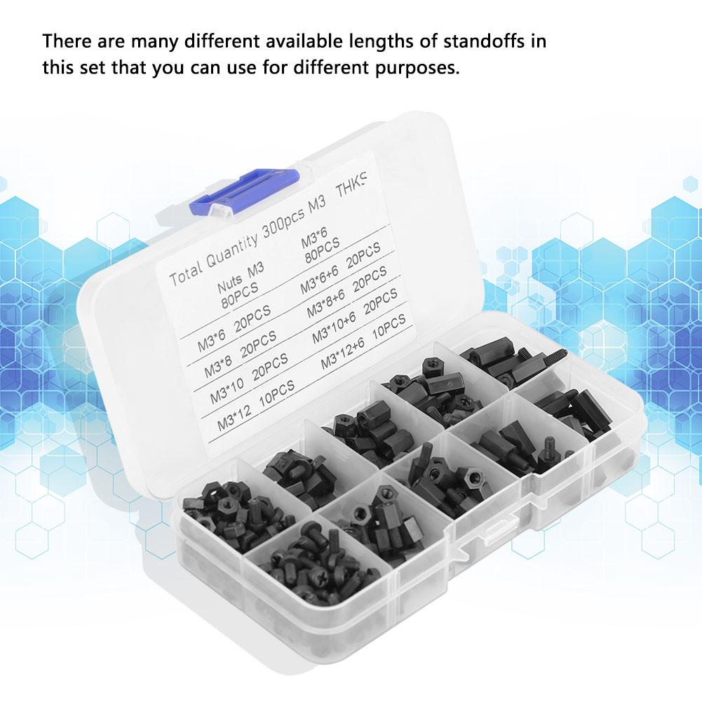 300 buc Negru M3 Distanțiere Șuruburi Piulițe Kit Asortat cu Cutie