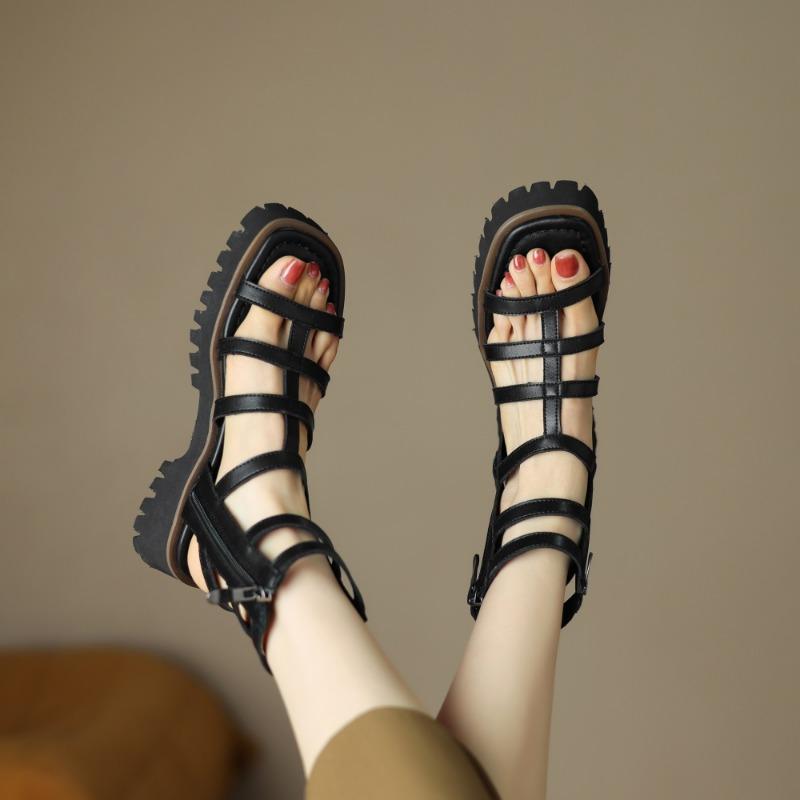 Taoffen Neu Echtes Kuh Leder Sandalen Für Frauen Block Mid Heels Frauen Roma Sandalen Offene spitze Retro Zipper Ankle Strap