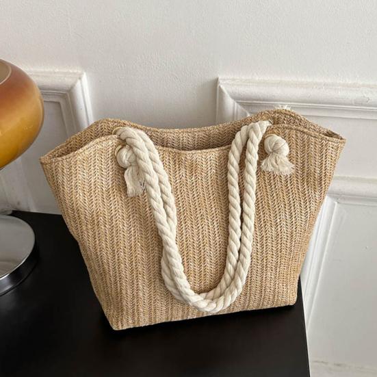 Women Straw Shoulder Bag Large Capacity Tote Bag Zipper Closure Casual Beach Bag for Daily Outings Travel Vacation Work