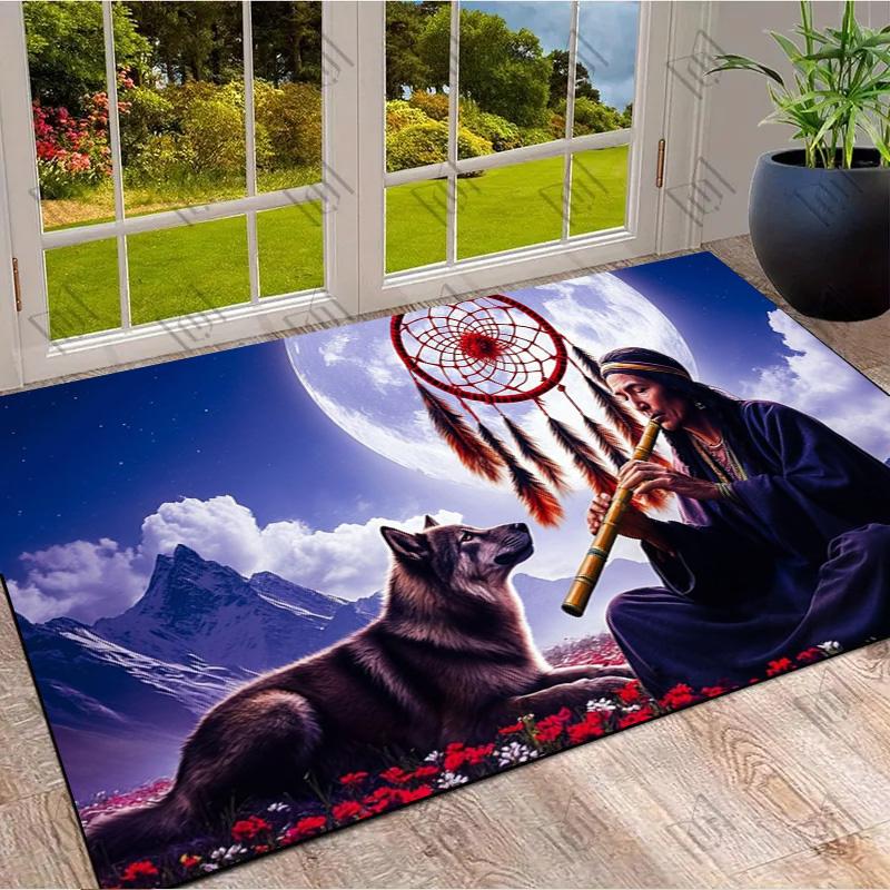 

Native American Wolf Dreamcatcher Floor Rug, Non-Slip Doormat for Living Room Bedroom 40x60cm( 15x23in )