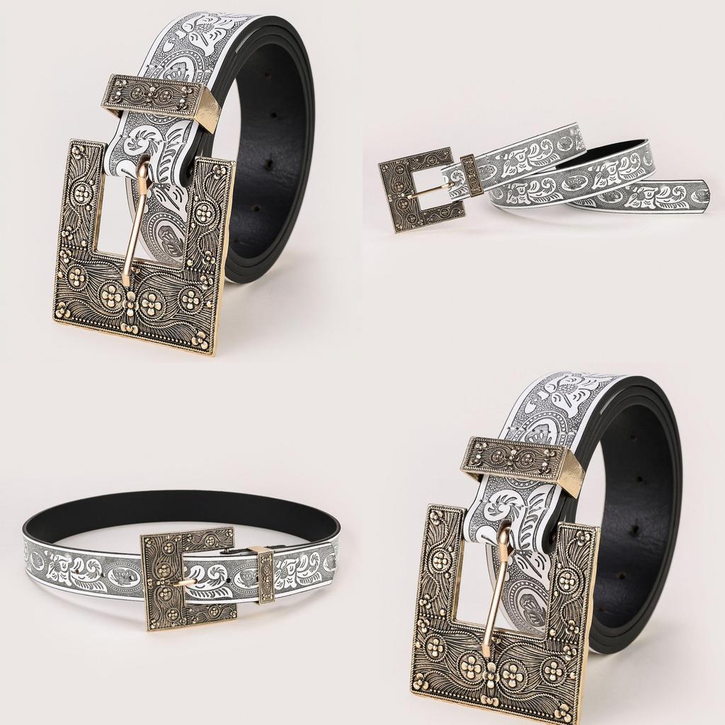 Vintage National Style Embossed Metal Buckle Floral Pu Leather Belt For Jeans