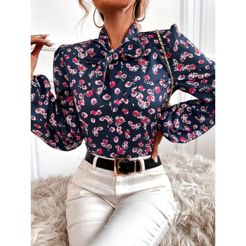 Floral Print Tie Front Blouse, Elegant Long Sleeve Blouse For Spring & Fall, Women's Clothing