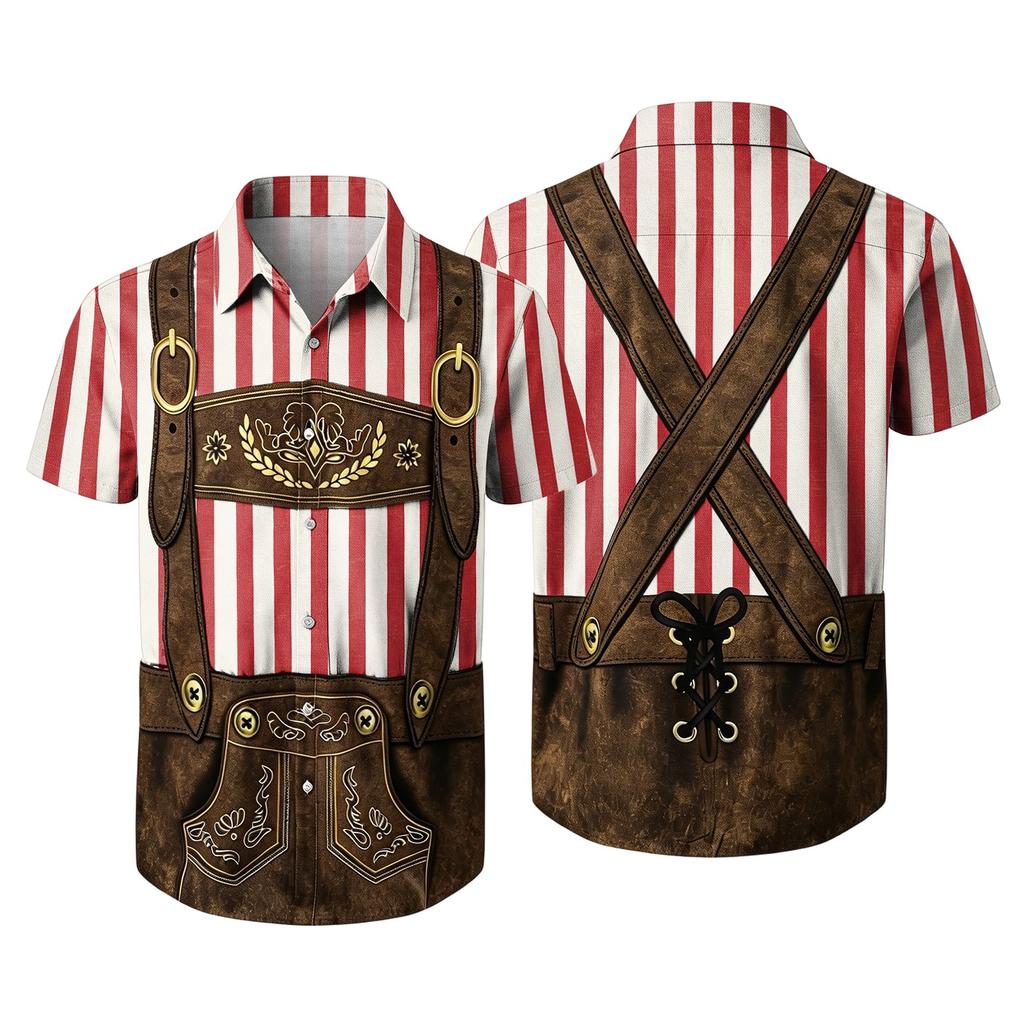 Men's Short Sleeve Button Up Shirt Oktoberfest Style Beer Festival Print Casual Loose Fit Party Shirt with Vintage Inspired Design
