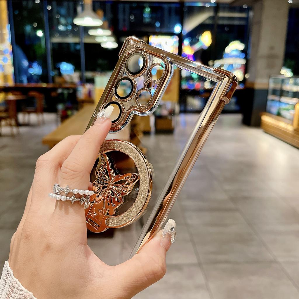 Suitable for Samsung S25 Ultra Mobile Phone Case Flash Powder Butterfly Magnetic Suction Bracket A53 Four Corner Airbag Anti Fall Protection Case