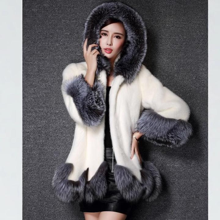 Aux Fur Coat Women Autumn and Winter Mink Coat Fox Fur Collar Hooded Jacket Plus Size 6XL Top Fur Female Christmas Clothes