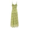 French Retro Green Floral V-Neck Cinched Waist Maxi Dress