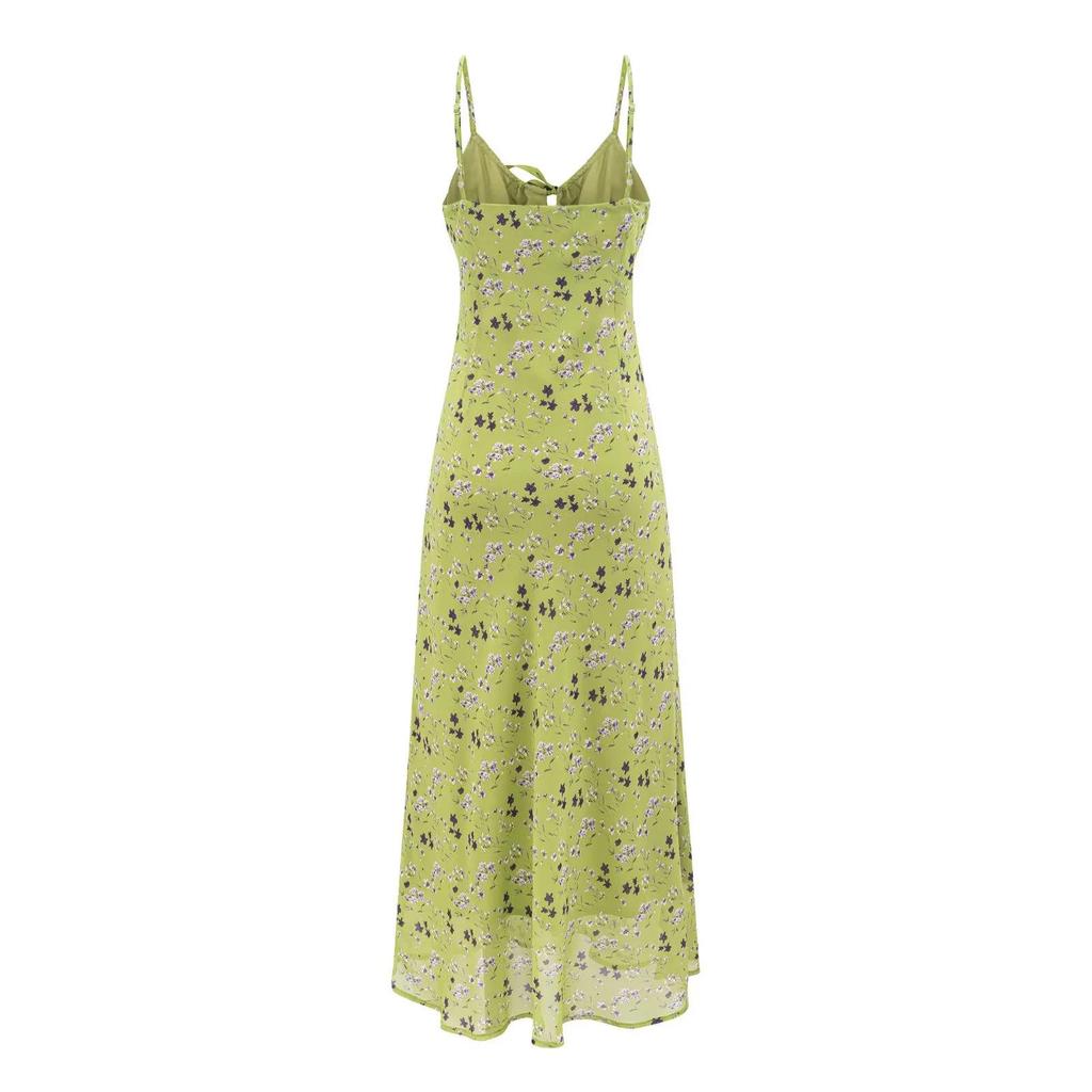 French Retro Green Floral V-Neck Cinched Waist Maxi Dress