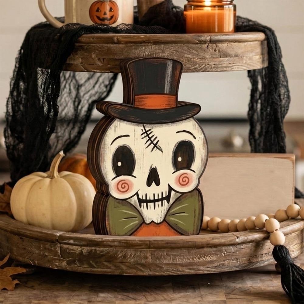 Farmhouse Style Halloween Wooden Tabletop Sign Cartoon Halloween Tiered Tray Decor Shelf Decor