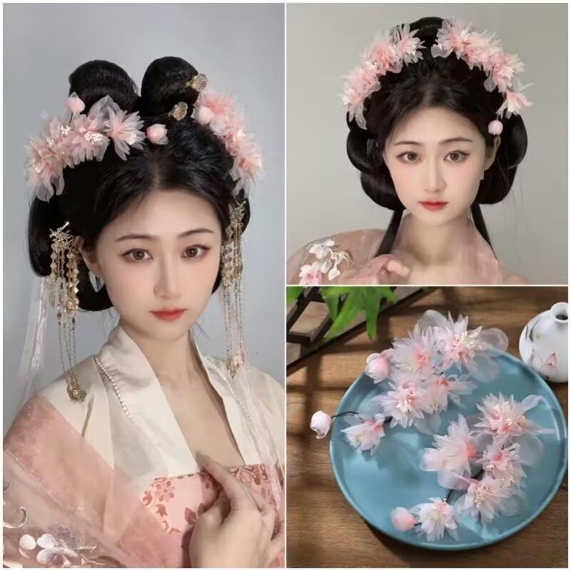 Hanfu headdress, women's original new model, side fairy pink wrapped silk flower soft hairpin, ancient style hair accessories