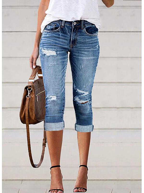 

2022 Summer Women s Fashion Ripped Elastic Denim Crop Pants for Europe & America S синий