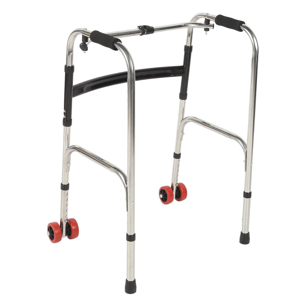 Elderly Folding Walker 6 Height Adjust 4 Legs Stainless Steel Walking Aid with Red Wheels Single Bend