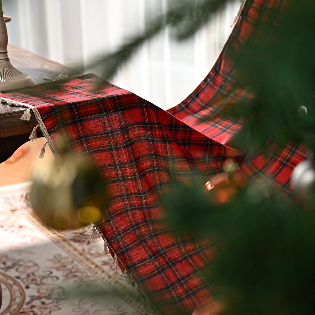 2025New Plaid Pattern Curtains Lace Curtains Rod Tassel Curtains Vintage Red Curtains