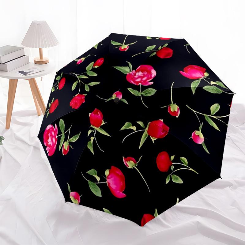 1pc Red Rose Pattern Folding Umbrella | Elegant Design, Fashionable Accessory, Durable Construction, Sturdy Ribs Yy251107106