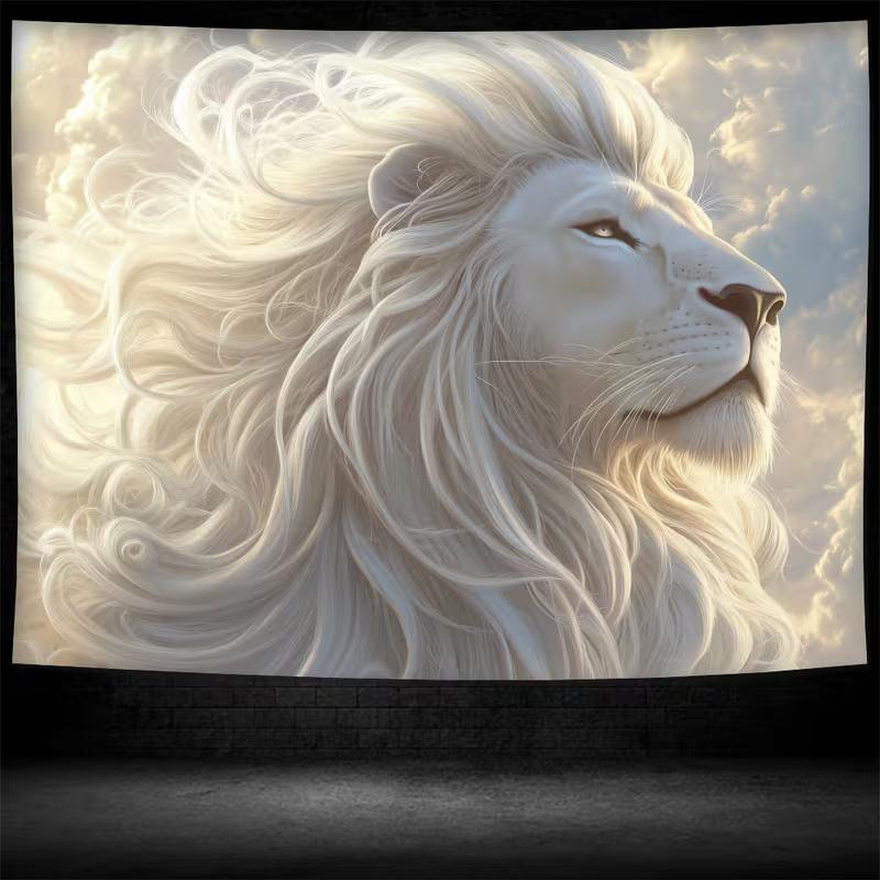2D Majestic Lion Head Tapestry, Fantasy White Lion with Flowing Mane Wall Art for Home Decor