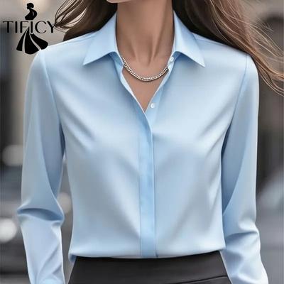 Women's Fashion Casual Spring Autumn Solid Color Print Long Sleeve POLO Neck Blouses & Shirts