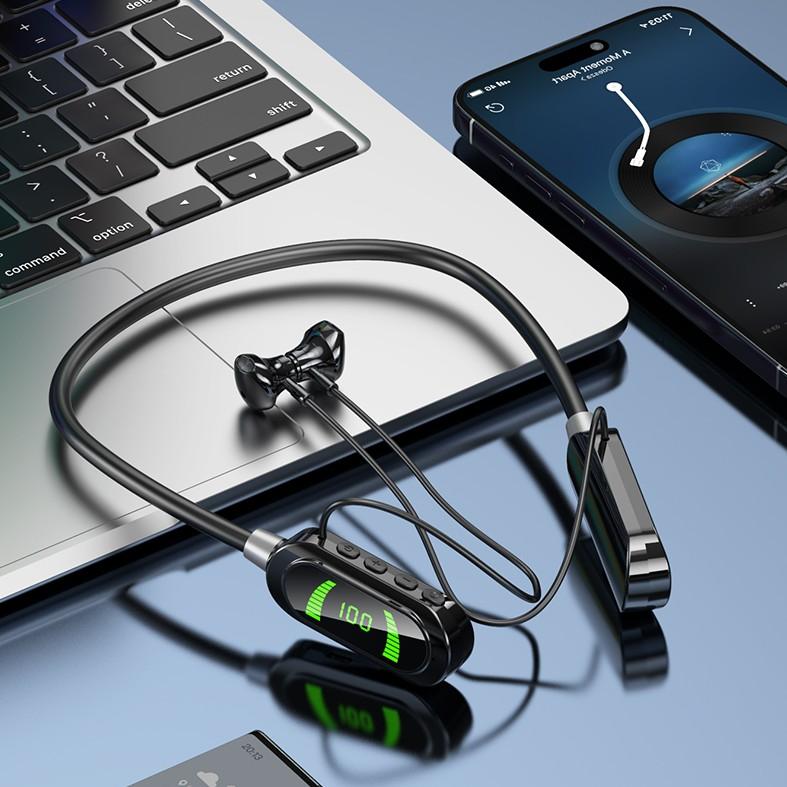 

Bluetooth 5.4 Wireless Magnetic Bluetooth Headset Neckband Headphones 360° Stereo Surround Earbuds with Mic LED Digital Display чёрный