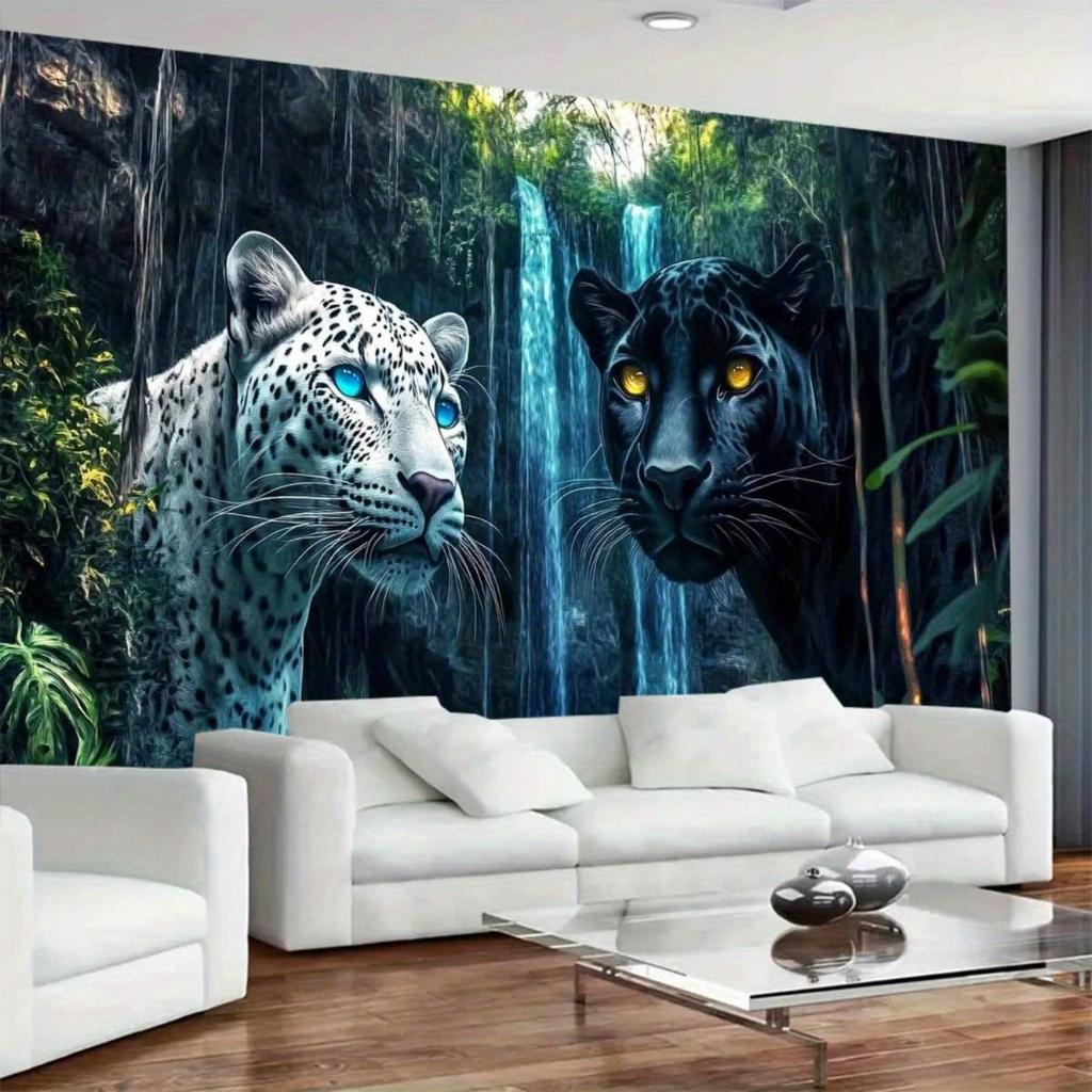 Tapiz de Pantera Blanca y Negra para Colgar en la Pared, Paisaje de Selva Boscosa con Cascada, Decoración de Arte Mural de Animales Genial para Sala de Estar