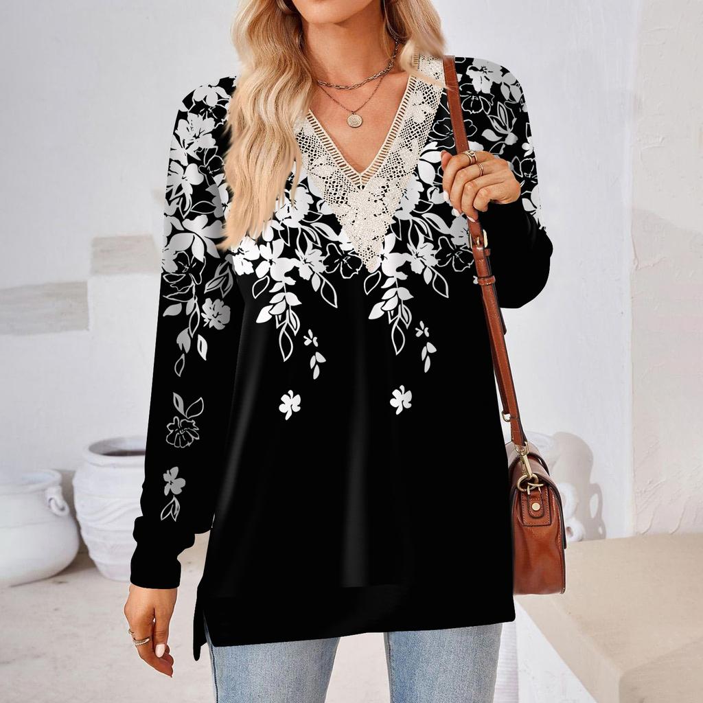Womens Tops Loose V-neck Contrast Color Split Loose Long Sleeve T-shirt Women's Tops
