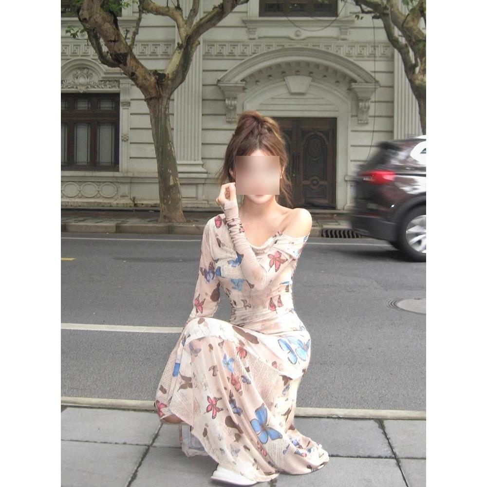 Retro super good-looking dress butterfly print slim-fitting hip-wrapped versatile long skirt spring and summer