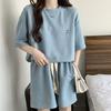 2 buc/set ținută ocazională cu mânecă scurtă cu gâtul O, cu centură elastică, buzunare cu șnur, tricou de culoare uni pentru femei, set de pantaloni scurți cu picioare largi
