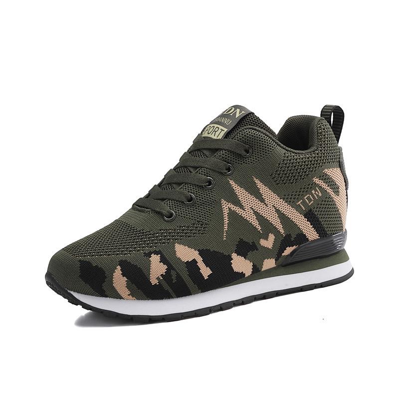 New camouflage fly-woven inner height-increasing sports shoes, outdoor running shoes, comfortable women's fitness shoes