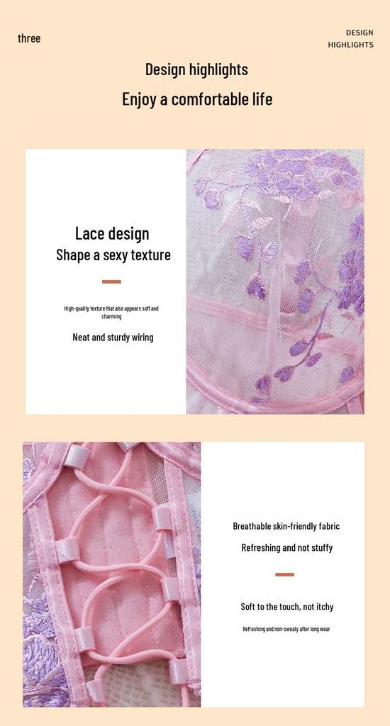 European & American Floral Lace Strappy Lingerie Set - Pink & Purple Push-Up Mesh