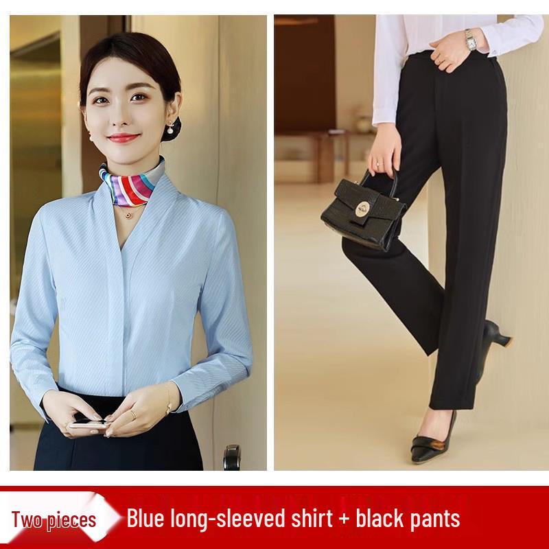 Women's White V-neck Professional Flight Attendant Shirt: Interview and Workwear Suit for Airline and Hotel Staff