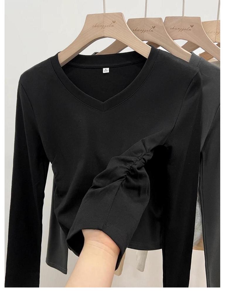 Damen V-Ausschnitt Slim-Fit Langarm-T-Shirt, Neuer Frühling/Herbst Stil mit Raffung an der Taille, Schickes Hot Girl Top, Vielseitiges Basic-Shirt.