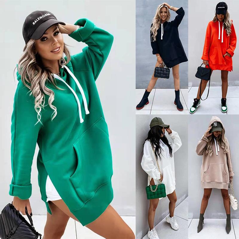 Nuovo felpa con cappuccio da donna a tinta unita di media lunghezza per autunno e inverno 6998