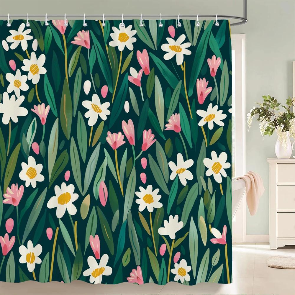Home Shower Curtains for Bathroom Waterproof Fabric Spring Floral  and Plants Bathroom Curtains with Hooks Decorative Curtain