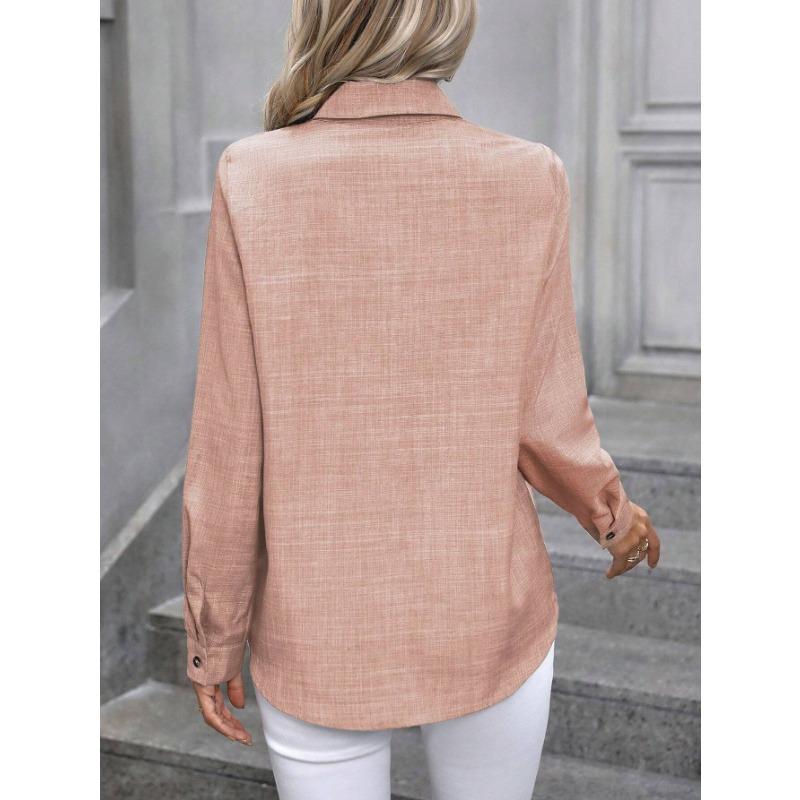 Women S Casual Long Sleeve Turn Down Collar Single Breasted Solid Shirt